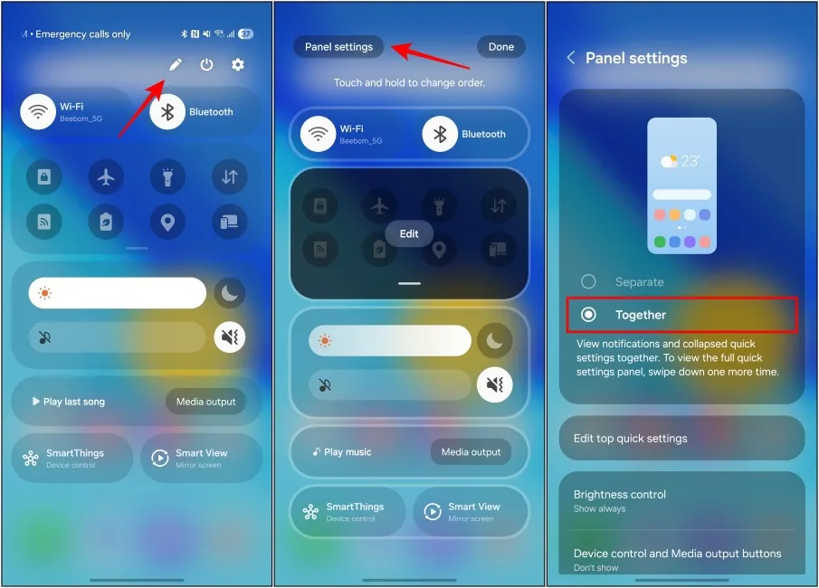 Changing the One UI 7 Quick settings tio the old merged style
