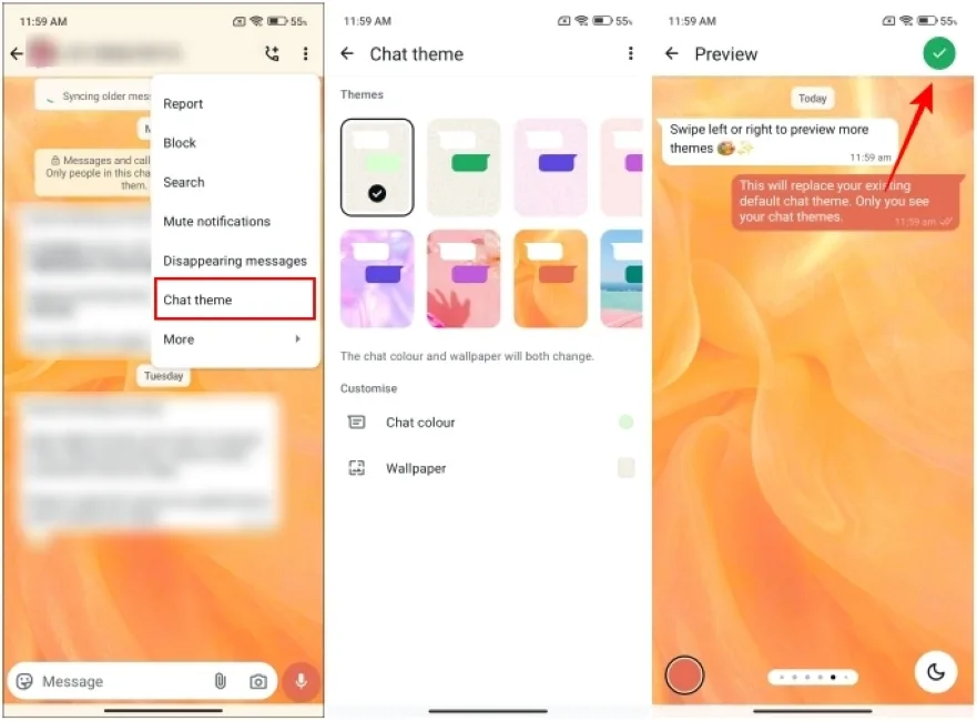 Applying a colored WhatsApp theme for individual chats on Android app