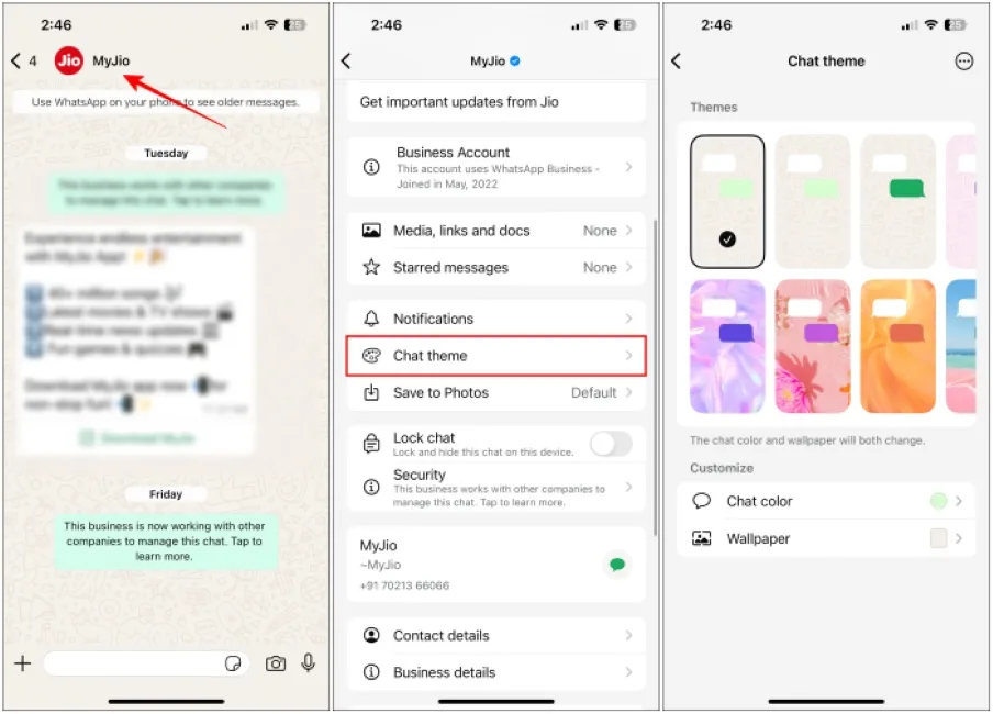 Navgate to individual chat theme option in WhatsApp for iPhone