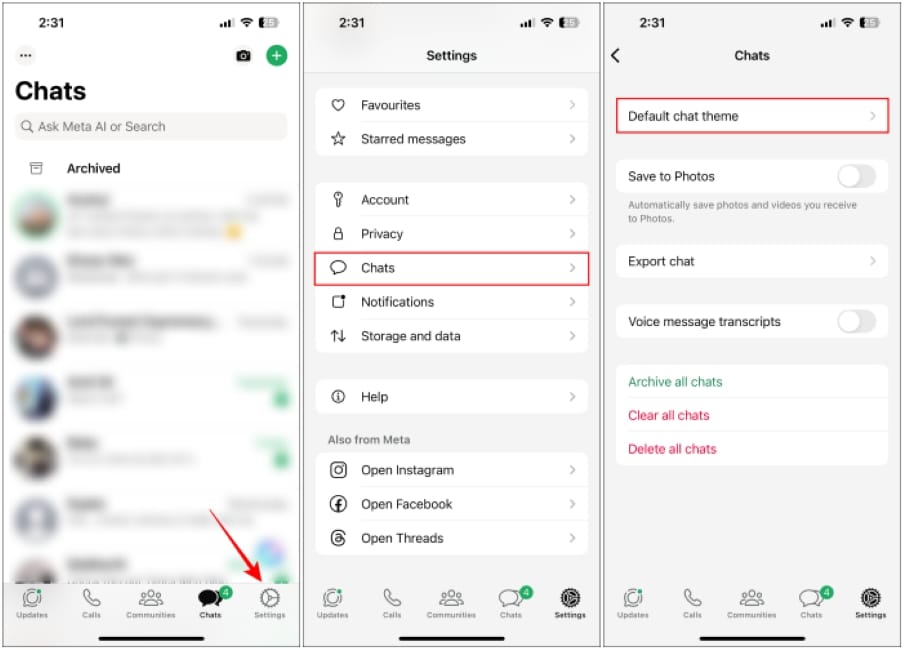 Open Default Chat Settings option in WhatsApp for iPhone