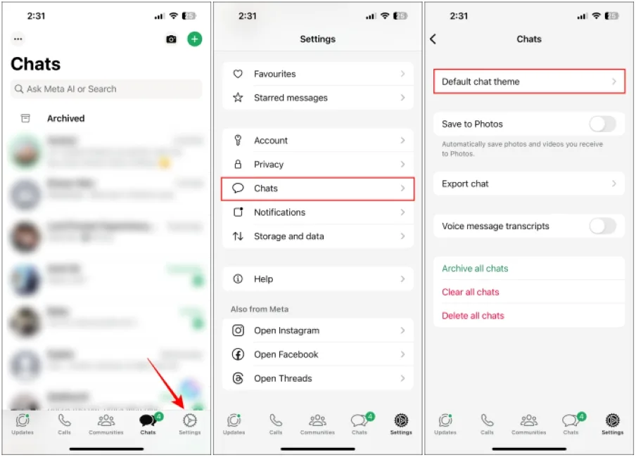 Open Default Chat Settings option in WhatsApp for iPhone