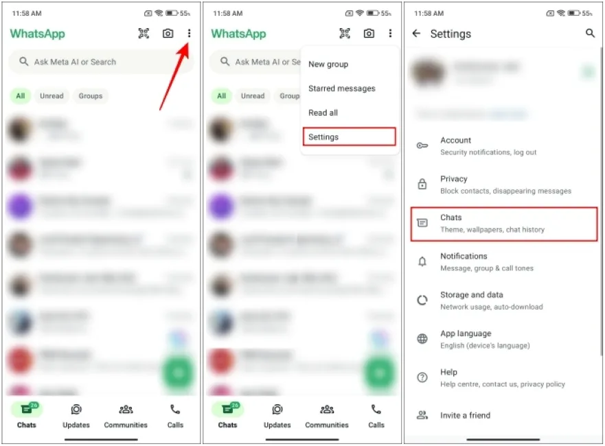 Open WhatsApp Settings page on Android app