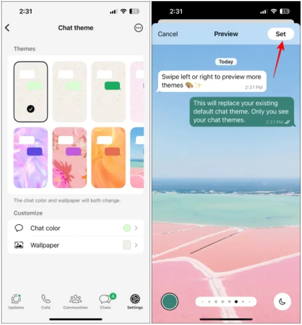 Press the Set Button to apply default chat theme on WhatsApp on iPhone