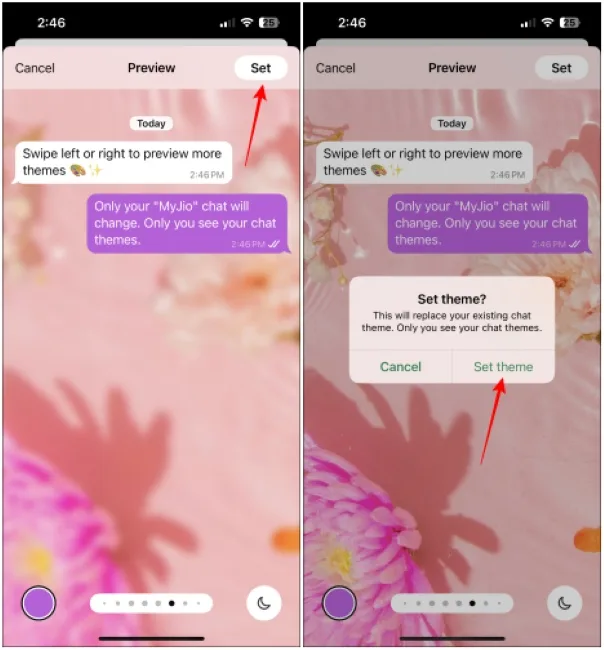 Tap on Set option to Apply Theme on Individual Chat on WhatsApp
